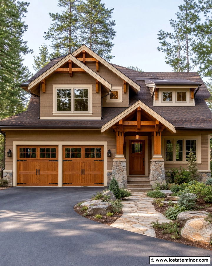 Tan House With Cedar Carriage Garage Door - 30 Tan House Design With Garage Door Ideas