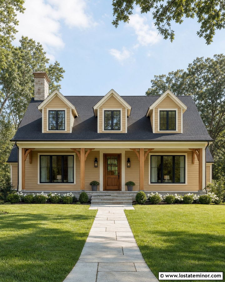 Tan House With Cedar Front Door And Dormers - 30 Tan House Design With Dormers Ideas