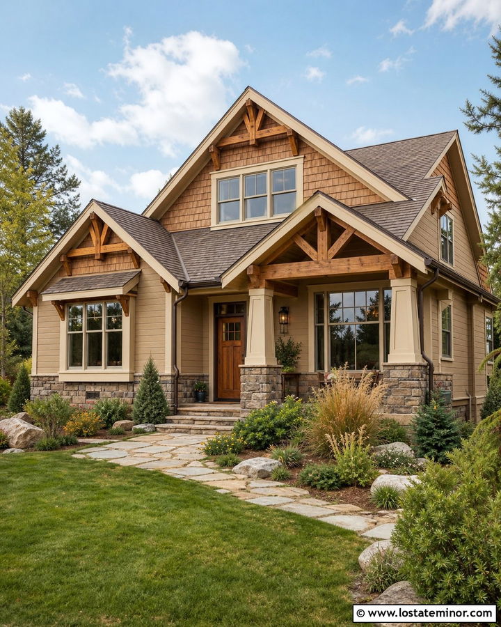 Tan House With Cedar Gable Accents - 30 Tan House Design With Gables Ideas
