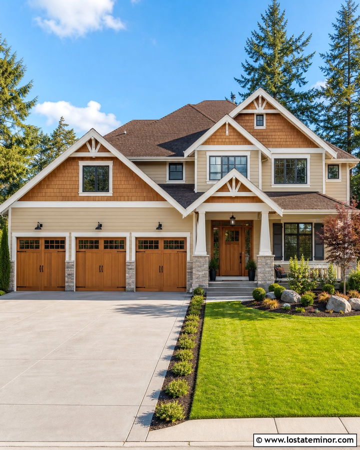 Tan House With Cedar Garage Doors - 30 Tan House Design With Cedar Shake Ideas