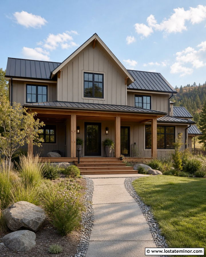 Tan House With Cedar Porch Steps - 30 Tan House Design With Steps Ideas