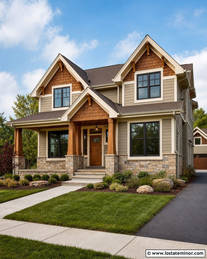 Tan House With Cedar Shake Gables And Brown Shingles - 30 Tan House Design With Shingles Ideas