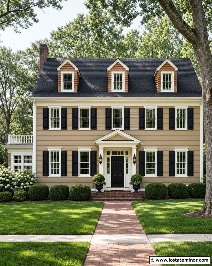 Tan House With Cedar Shakes And Black Shutters - 30 Tan House Design With Cedar Shake Ideas
