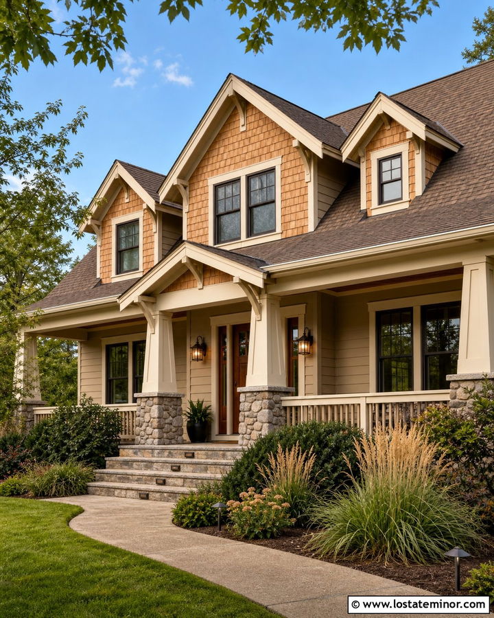 Tan House With Cedar Shakes And Cream Trim - 30 Tan House Design With Cedar Shake Ideas