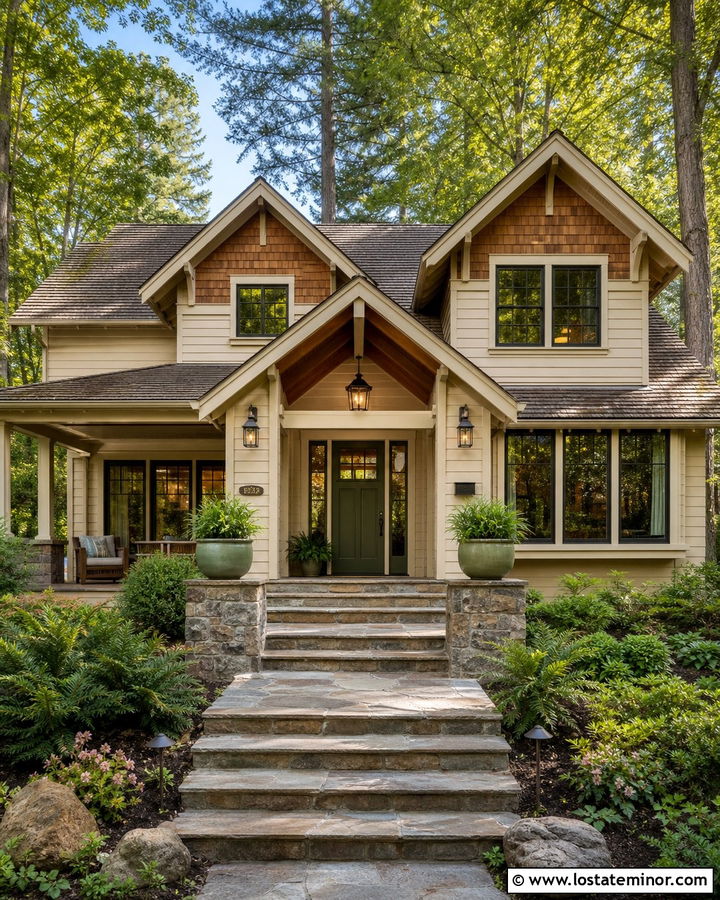Tan House With Cedar Shakes And Green Door - 30 Tan House Design With Cedar Shake Ideas