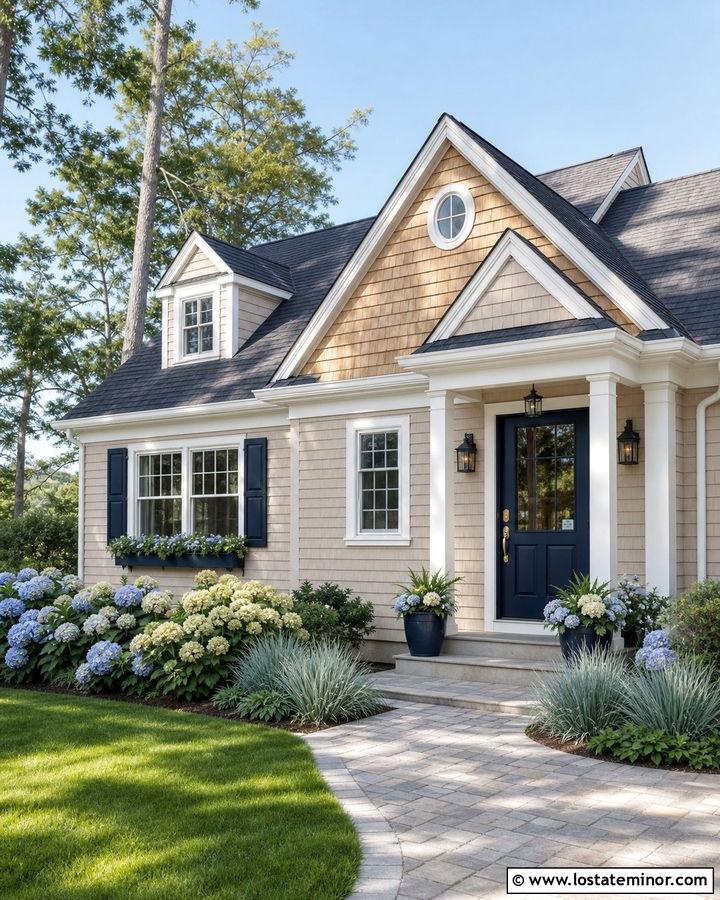 Tan House With Cedar Shakes And Navy Door - 30 Tan House Design With Cedar Shake Ideas