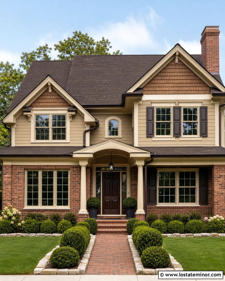 Tan House With Cedar Shakes And Red Brick - 30 Tan House Design With Cedar Shake Ideas