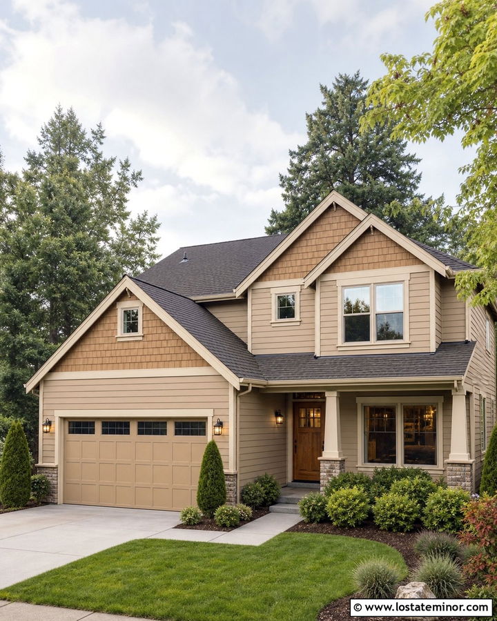 Tan House With Cedar Shakes And Tan Garage Door - 30 Tan House Design With Cedar Shake Ideas
