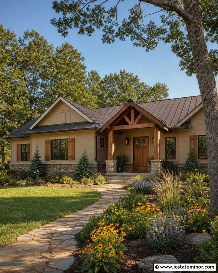 Tan House With Cedar Shutters And Rustic Landscaping - 30 Tan House Design With Front Yard Ideas
