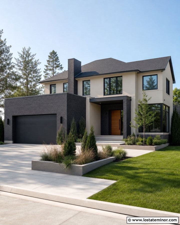 Tan House With Charcoal Brick Accents - 30 Tan House Design With Brick Accents Ideas