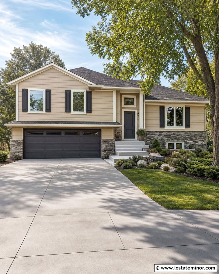 Tan House With Charcoal Garage Door - 30 Tan House Design With Garage Door Ideas