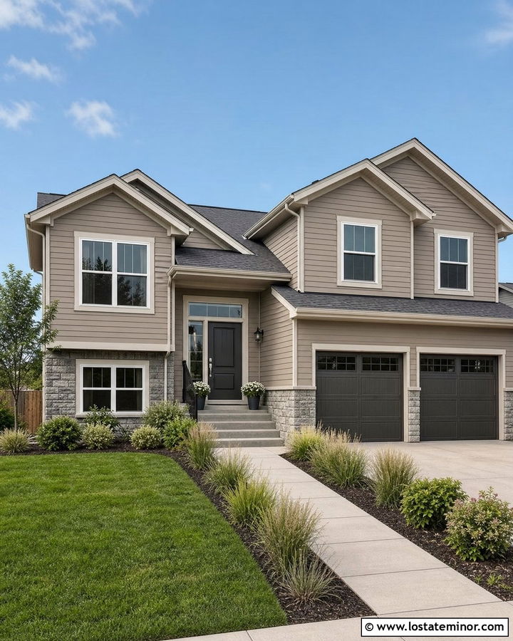 Tan House With Charcoal Gray Entry Door - 30 Tan House Design With Entry Door Ideas