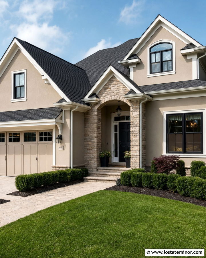 Tan House With Charcoal Roof And Dormers - 30 Tan House Design With Dormers Ideas