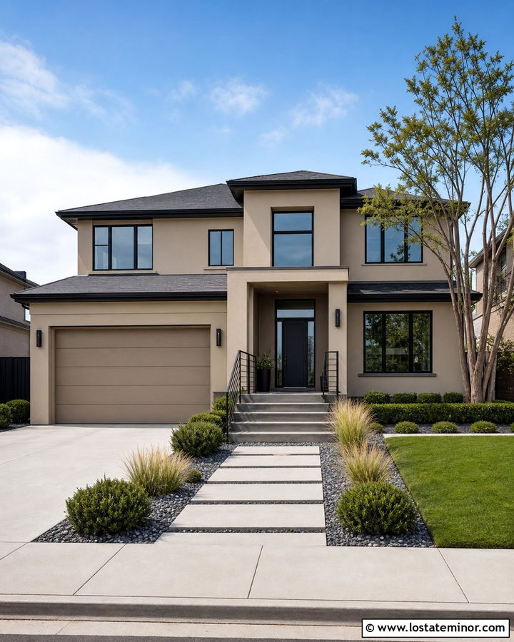 Tan House With Charcoal Roof And Modern Front Yard - 30 Tan House Design With Front Yard Ideas