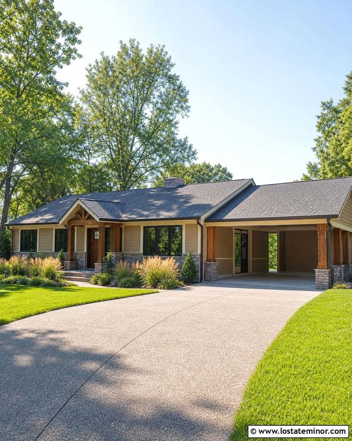 Tan House With Charcoal Roof Carport - 30 Tan House Design With Carport Ideas
