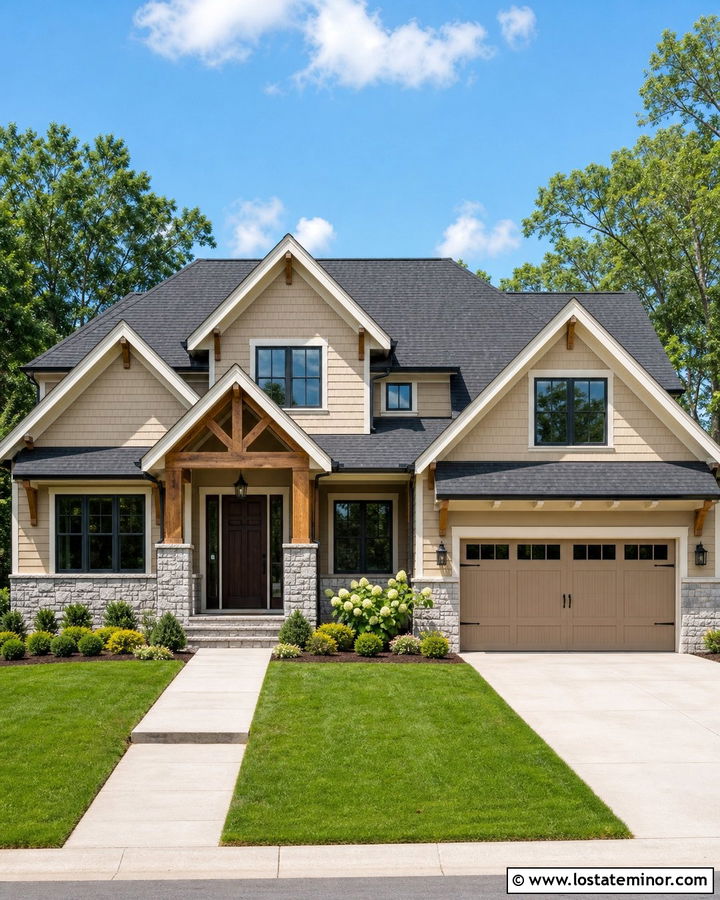 Tan House With Charcoal Roof Gables - 30 Tan House Design With Gables Ideas