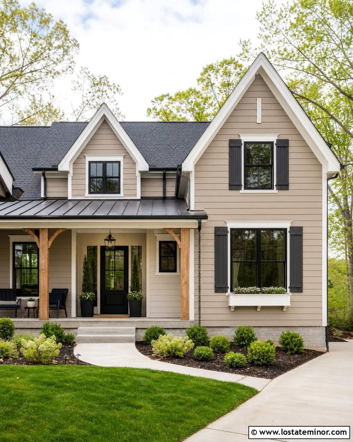 Tan House With Charcoal Shutters And Black Door - 30 Tan House Design With Shutters Ideas