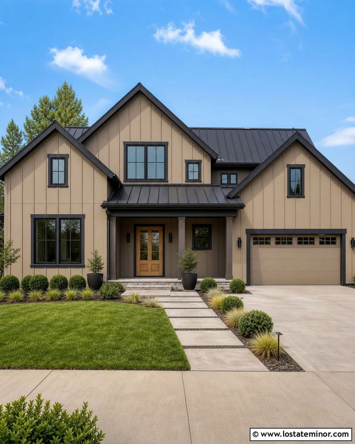 Tan House With Charcoal Trim And LED Lighting - 30 Tan House Design With Lighting Ideas