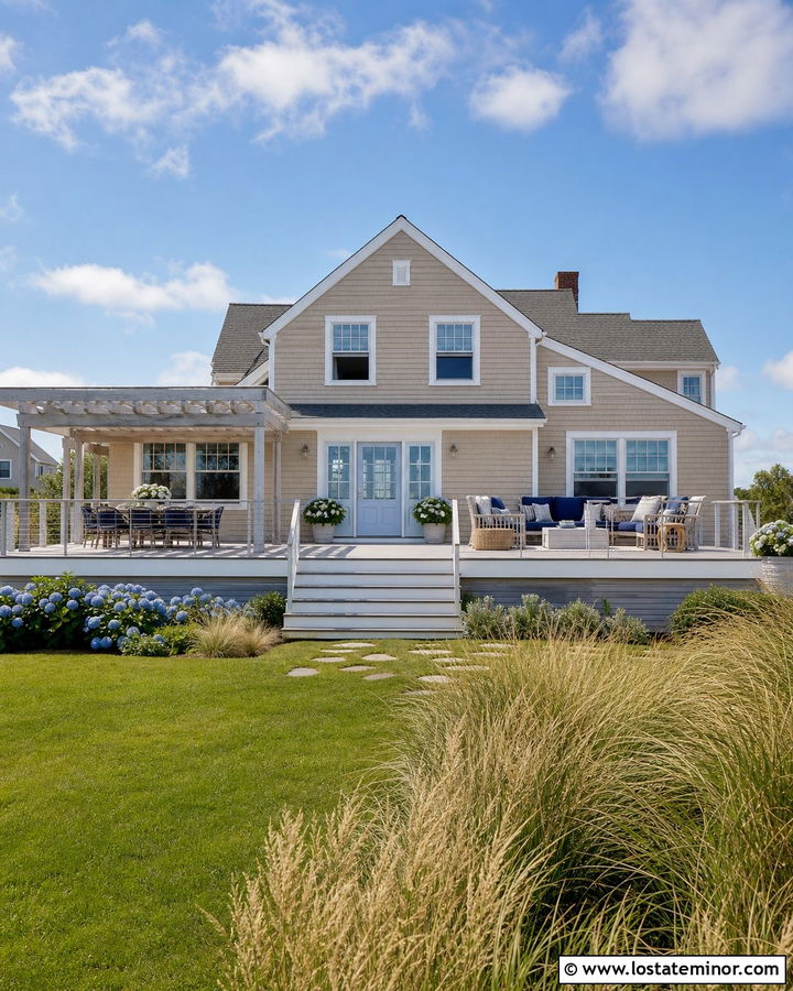 Tan House With Coastal Composite Deck - 30 Tan House Design With Backyard Ideas