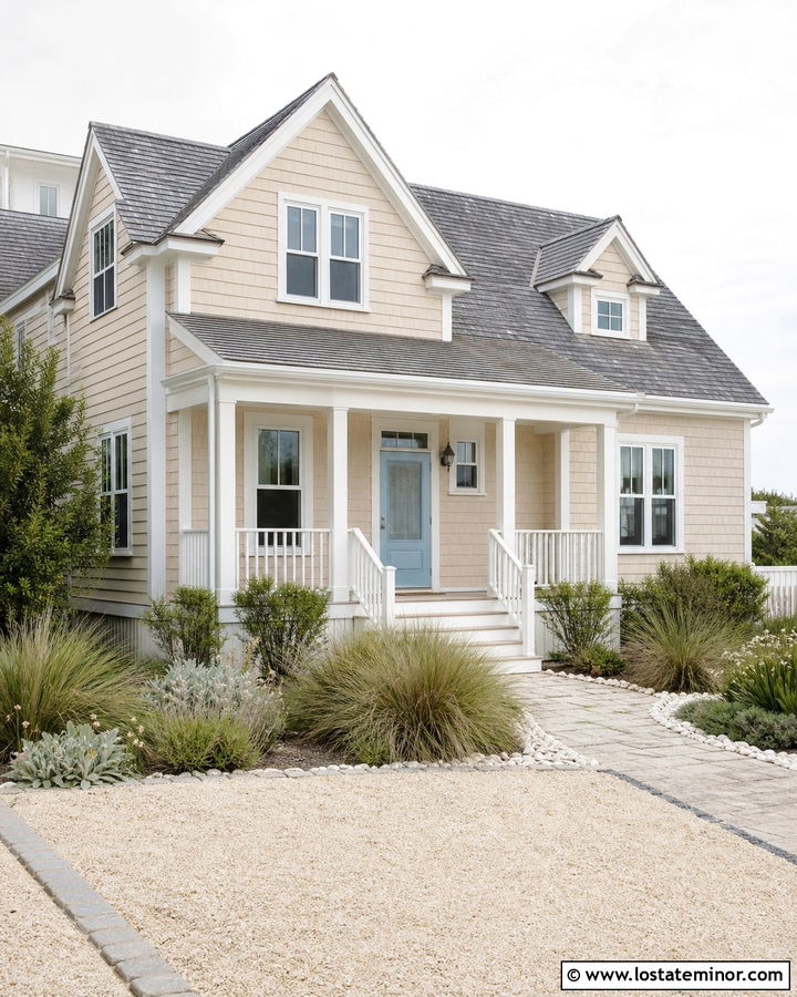 Tan House With Coastal Shell Driveway - 30 Tan House Design With Driveway Ideas