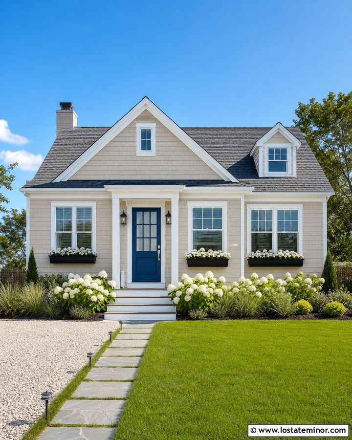 Tan House With Cobalt Blue Entry Door - 30 Tan House Design With Entry Door Ideas