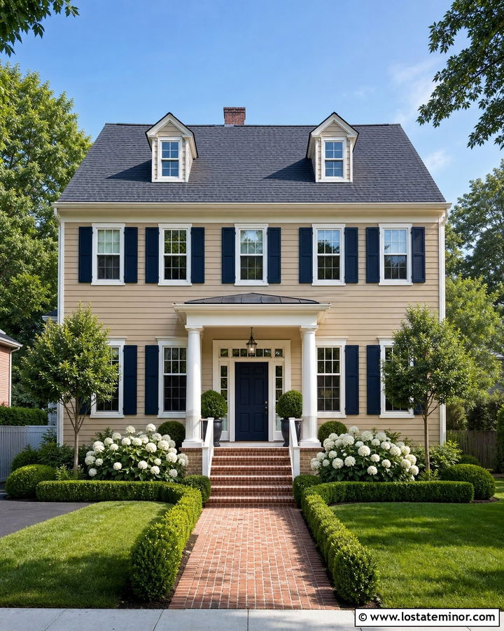 Tan House With Colonial Porch Railings - 30 Tan House Design With Railings Ideas
