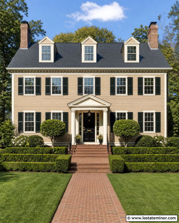 Tan House With Colonial Window Frames - 30 Tan House Design With Window Frames Ideas