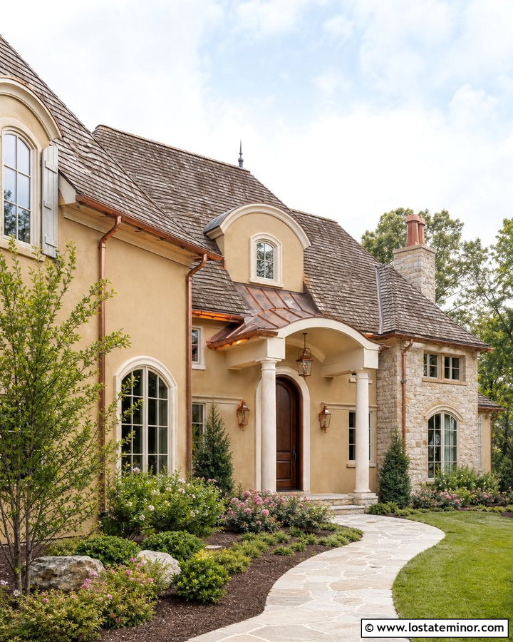 Tan House With Copper Accents - 30 Tan House Design With Trim Ideas