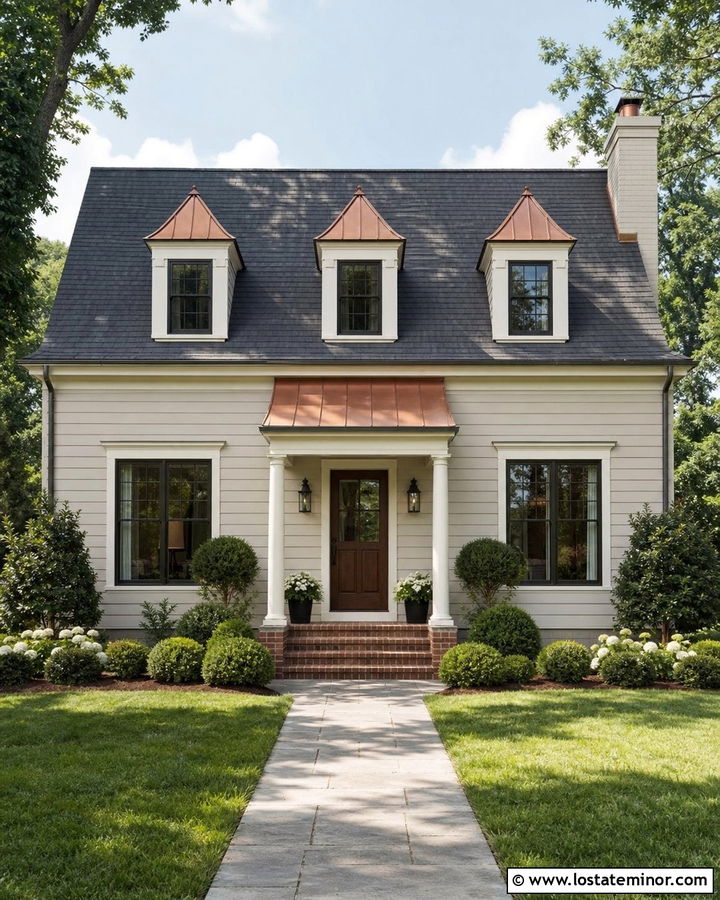 Tan House With Copper Dormer Roofs - 30 Tan House Design With Dormers Ideas