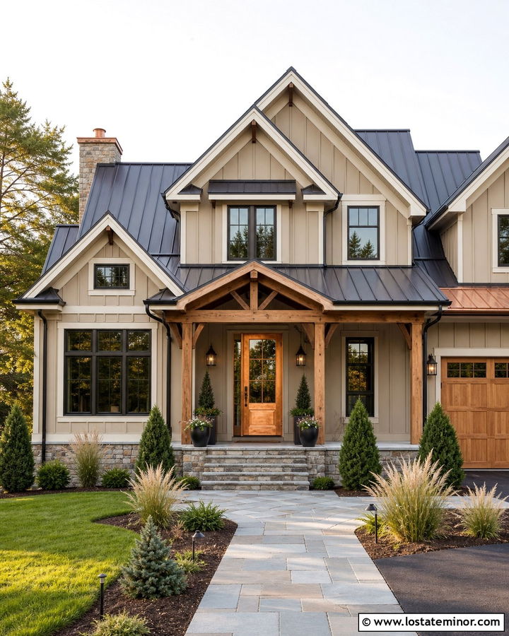Tan House With Copper Entry Door - 30 Tan House Design With Entry Door Ideas