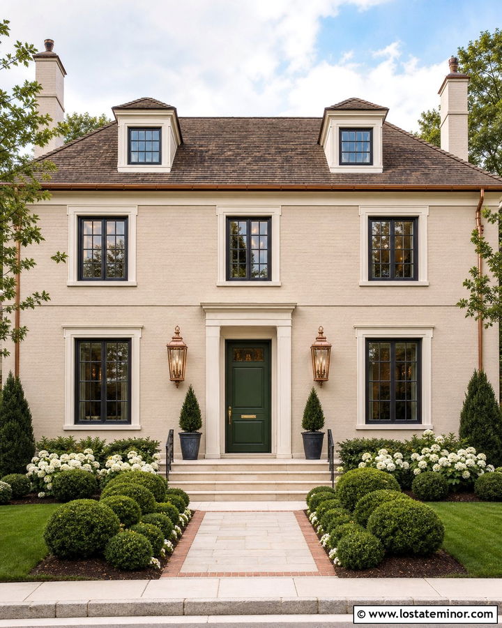 Tan House With Copper Gas Lanterns - 30 Tan House Design With Light Fixtures Ideas