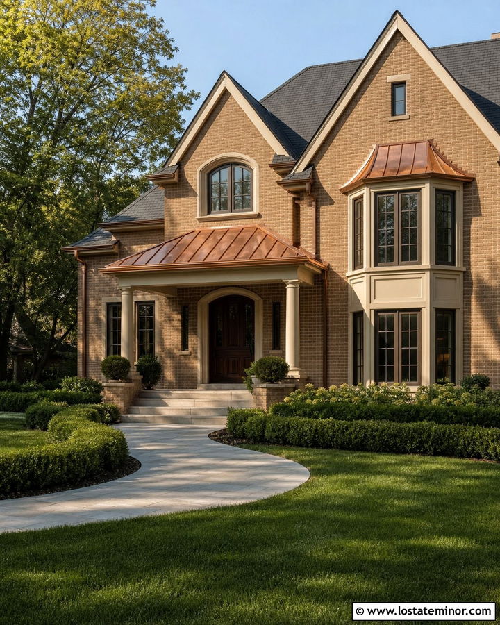 Tan House With Copper Roof Accents - 30 Tan House Design With Roof Ideas