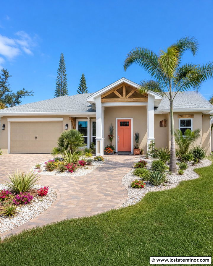 Tan House With Coral Front Door - 30 Tan House Design With Front Door Ideas
