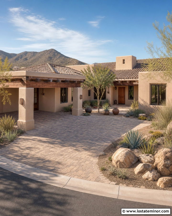 Tan House With Courtyard Carport - 30 Tan House Design With Carport Ideas