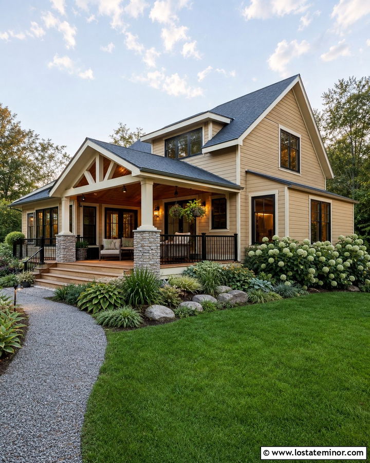 Tan House With Covered Cedar Deck - 30 Tan House Design With Backyard Ideas