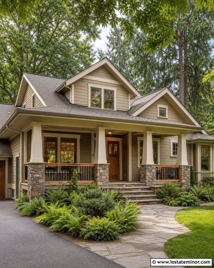 Tan House With Craftsman Porch Railings - 30 Tan House Design With Railings Ideas