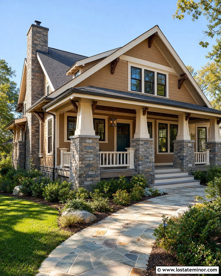 Tan House With Craftsman Stone Columns - 30 Tan House Design With Porch Columns Ideas