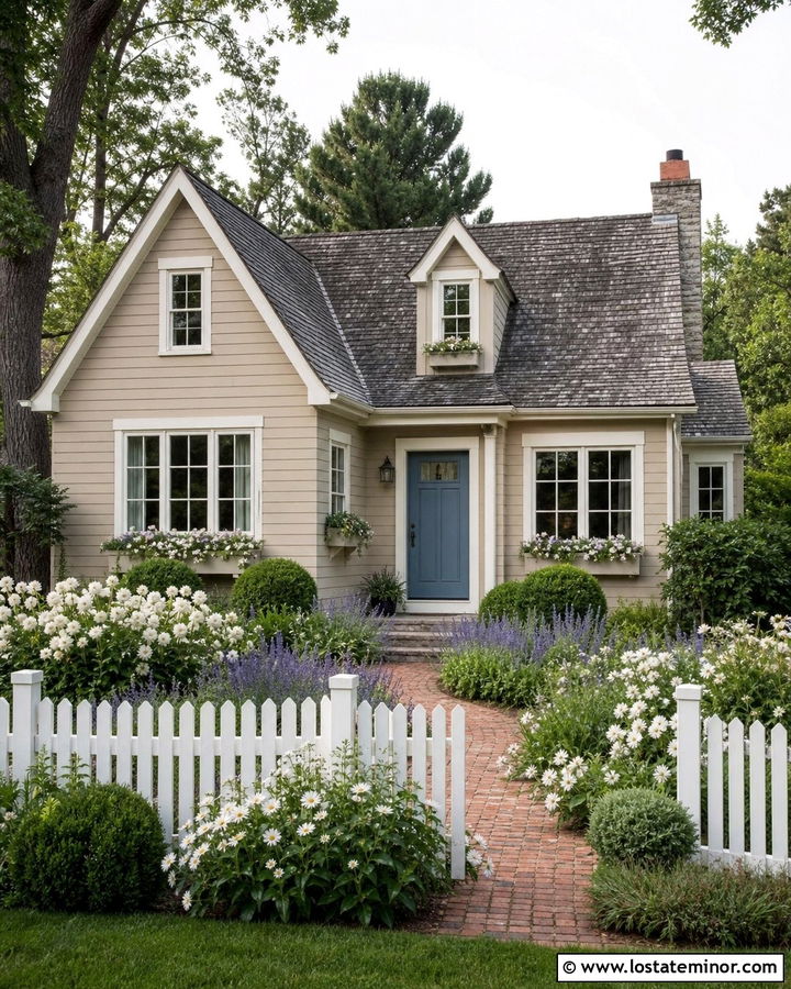 Tan House With Cream Trim And Cottage Landscaping - 30 Tan House Design With Front Yard Ideas