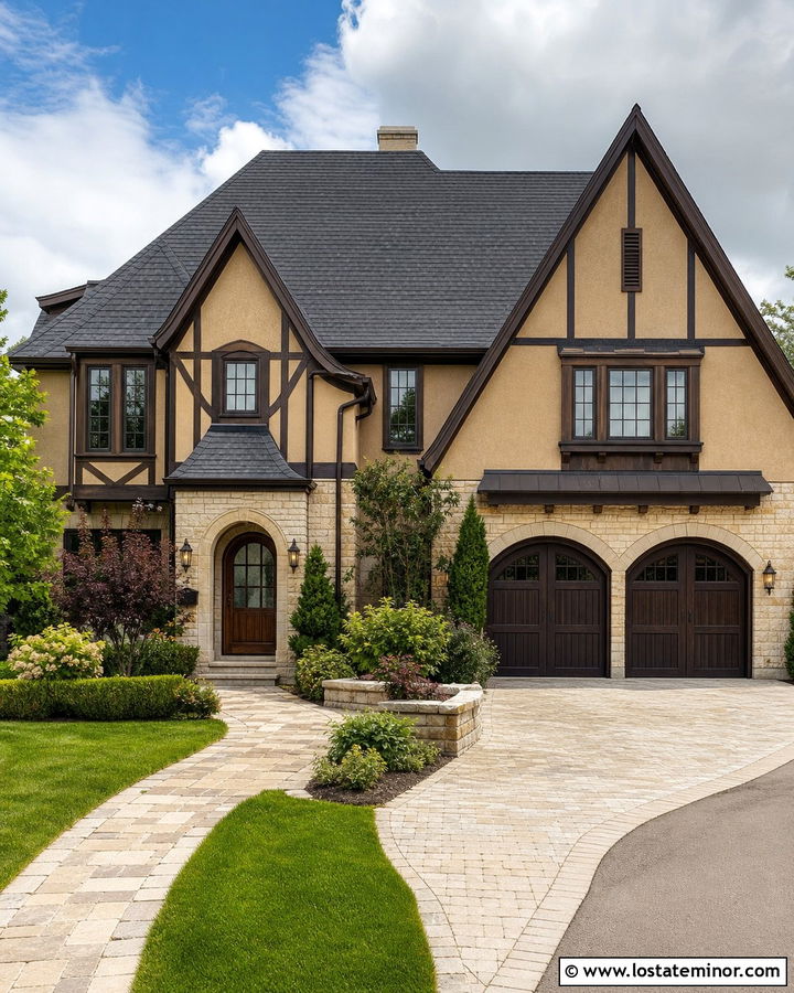 Tan House With Dark Brown Carriage Garage Door - 30 Tan House Design With Garage Door Ideas