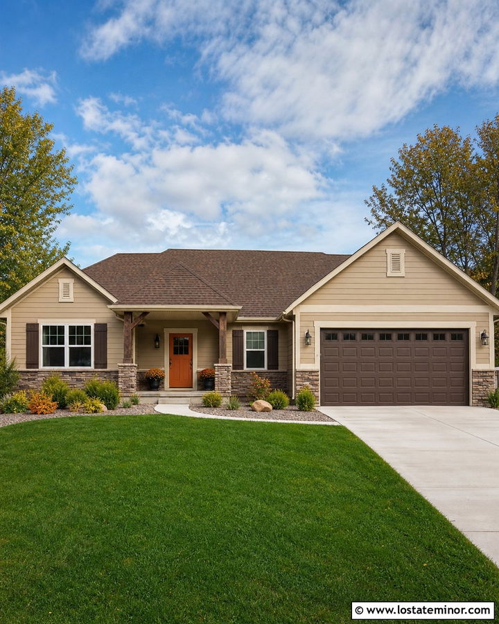 Tan House With Dark Brown Shutters - 30 Tan House Design With Shutters Ideas