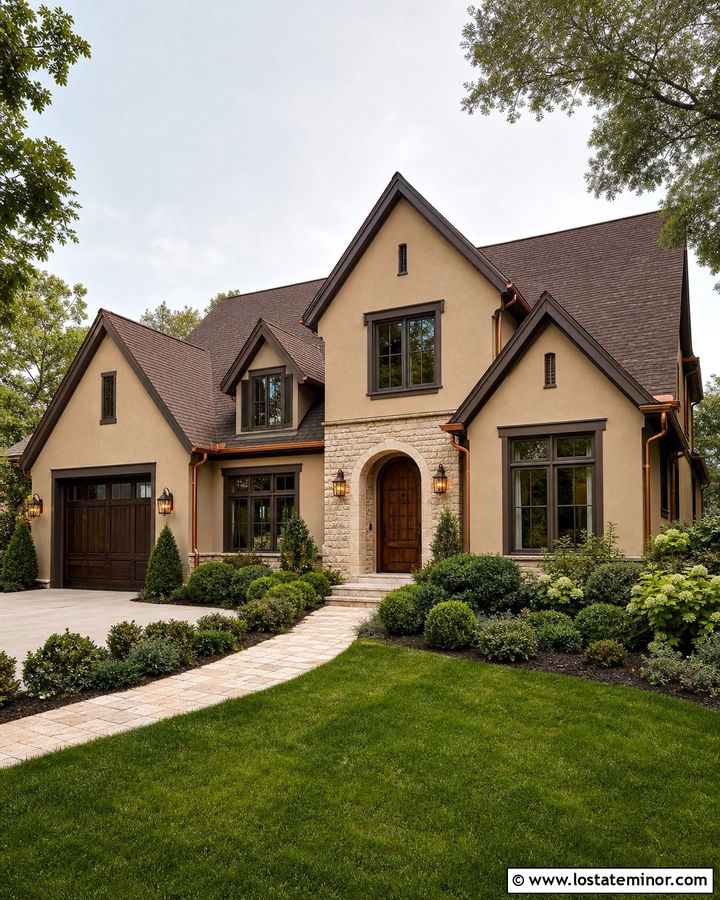 Tan House With Dark Brown Trim And Copper Accents - 30 Tan House Design With Shingles Ideas
