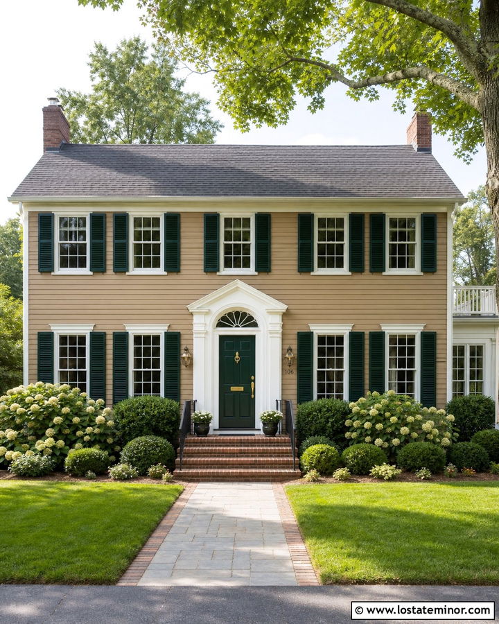 Tan House With Dark Green Entry Door - 30 Tan House Design With Entry Door Ideas