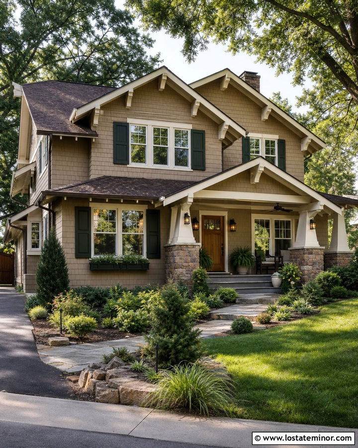 Tan House With Dark Green Shutters - 30 Tan House Design With Shutters Ideas