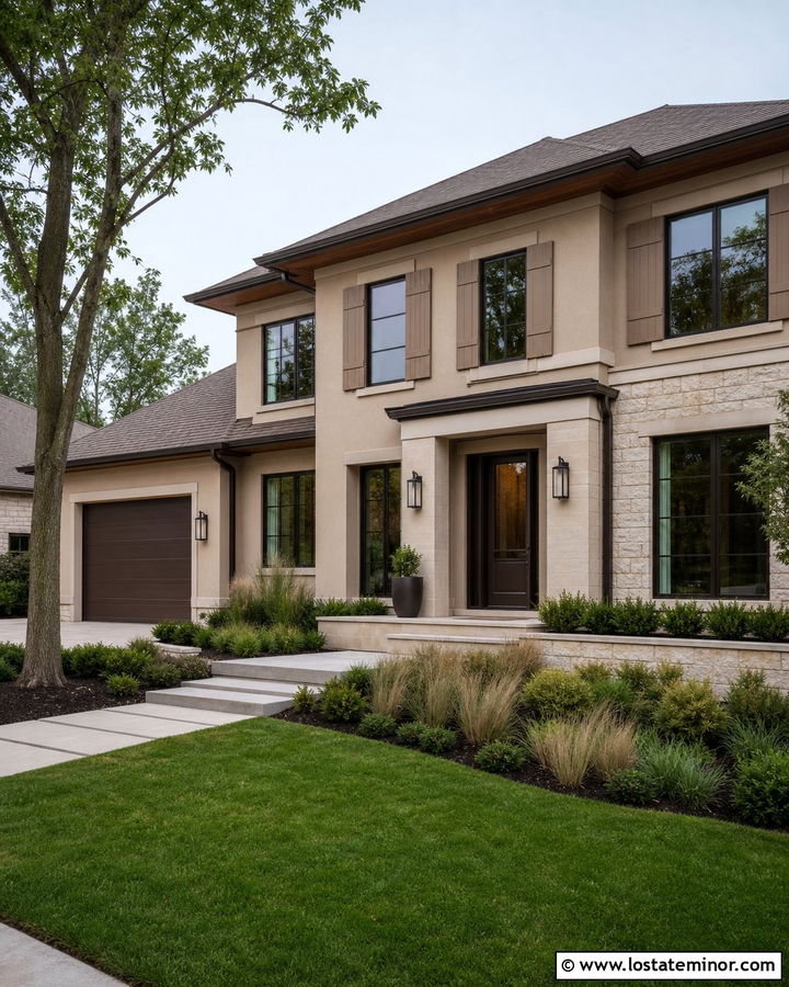 Tan House With Dark Tan Shutters - 30 Tan House Design With Shutters Ideas