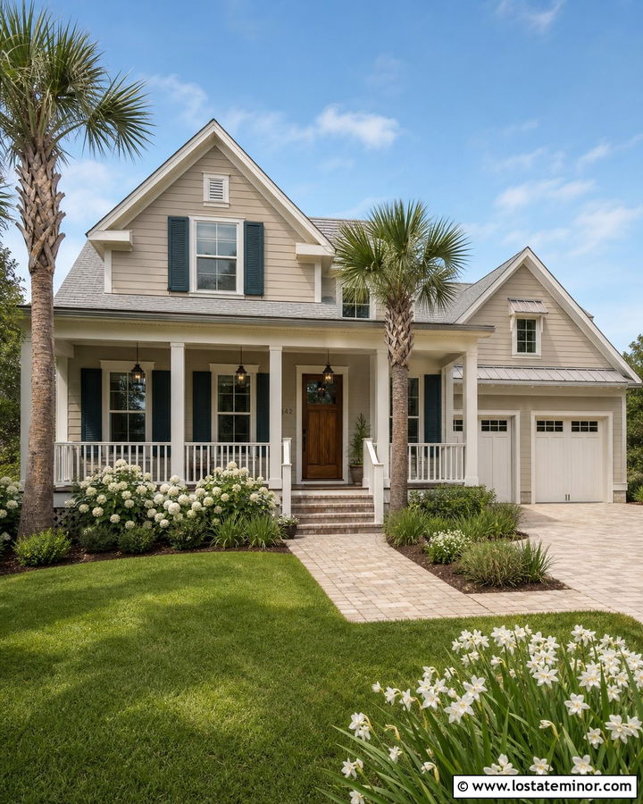 Tan House With Dark Teal Shutters - 30 Tan House Design With Shutters Ideas