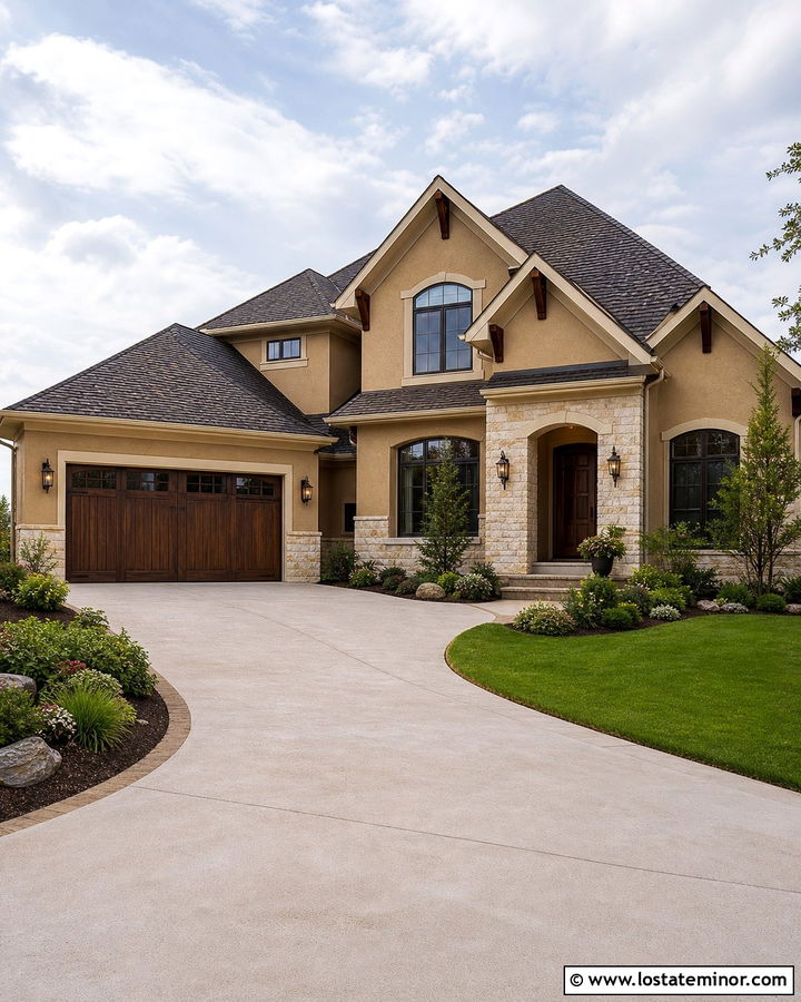 Tan House With Dark Walnut Garage Door - 30 Tan House Design With Garage Door Ideas