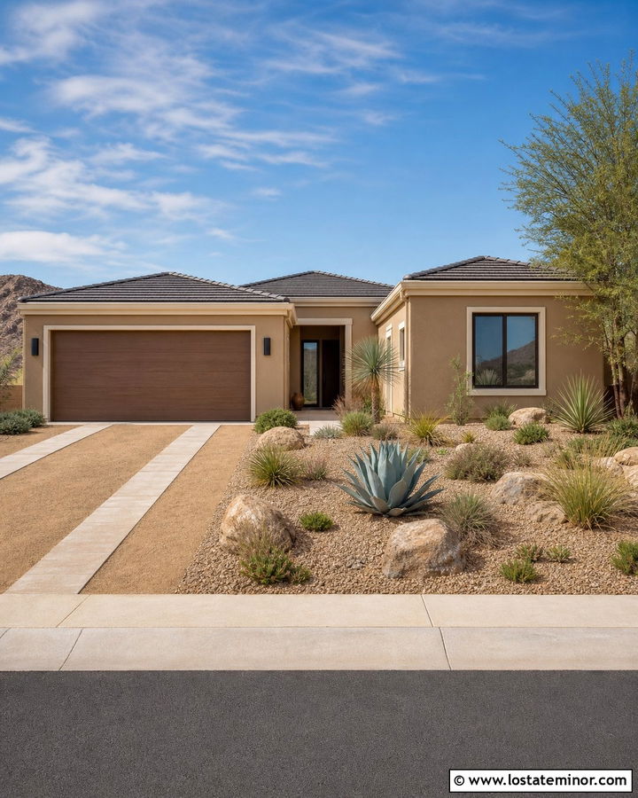 Tan House With Desert Driveway - 30 Tan House Design With Driveway Ideas