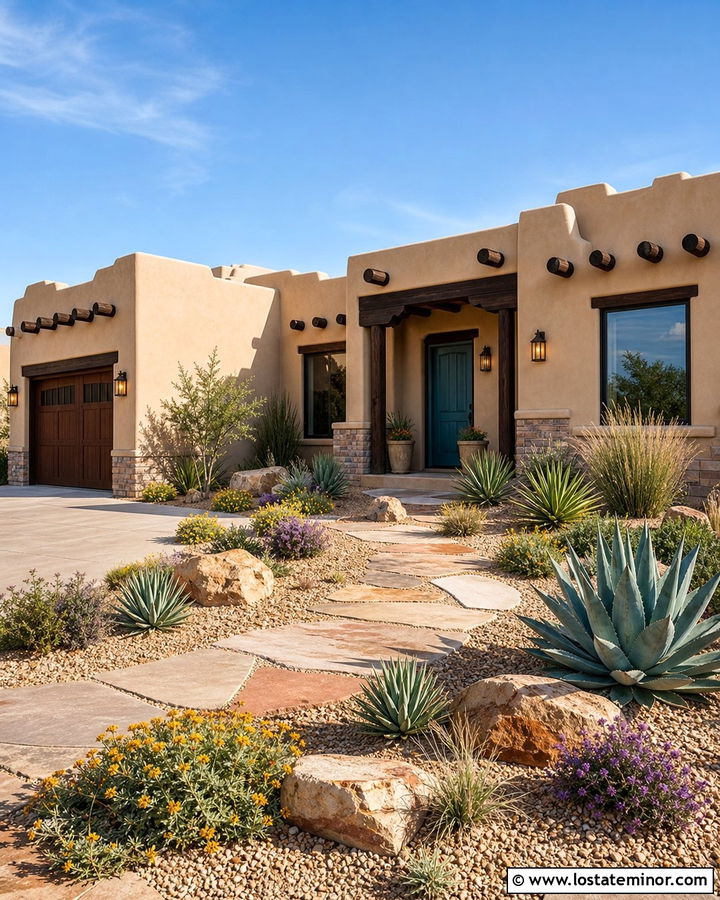 Tan House With Desert Stone Walkway - 30 Tan House Design With Walkway Ideas