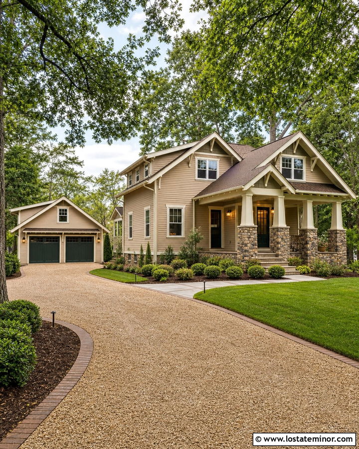 Tan House With Detached Garage Driveway - 30 Tan House Design With Driveway Ideas