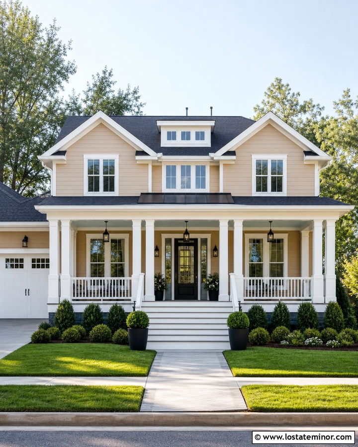 Tan House With Double Porch Columns - 30 Tan House Design With Porch Columns Ideas